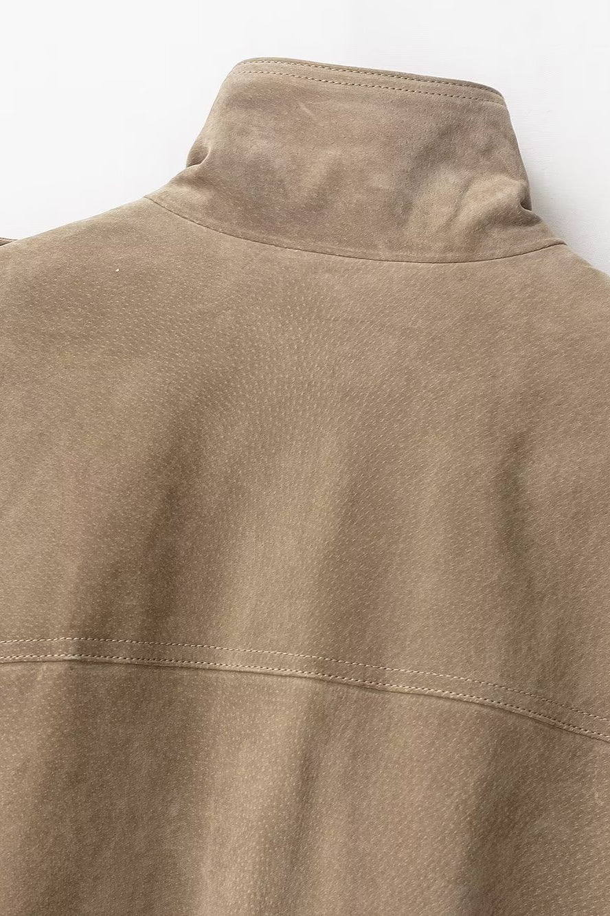 Elegant suede textured beige utility jacket with pockets and high collar, langry fashion ملابس