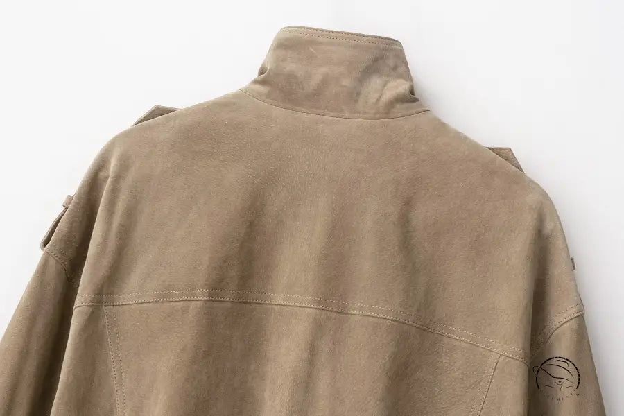 Elegant suede textured beige utility jacket with pockets and high collar in langry fashion