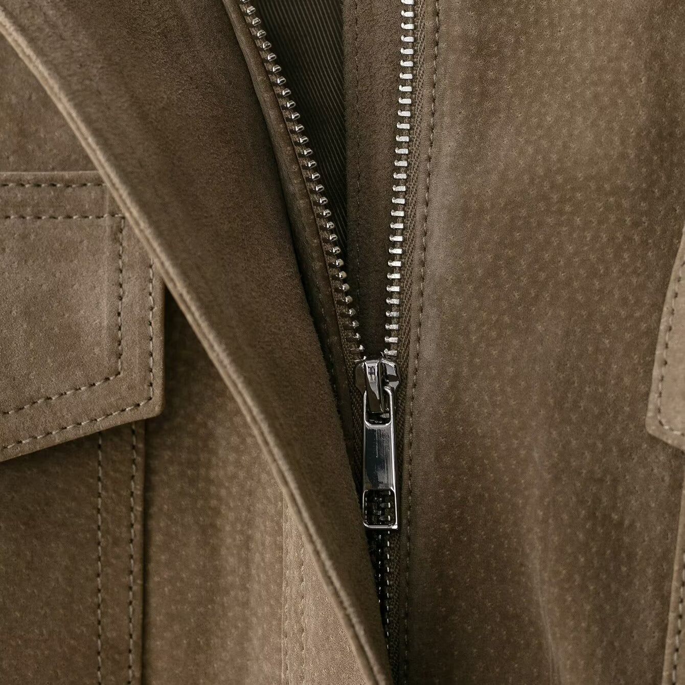 Elegant suede textured Langry fashion leather coat with brown jacket, silver zipper, pocket detail