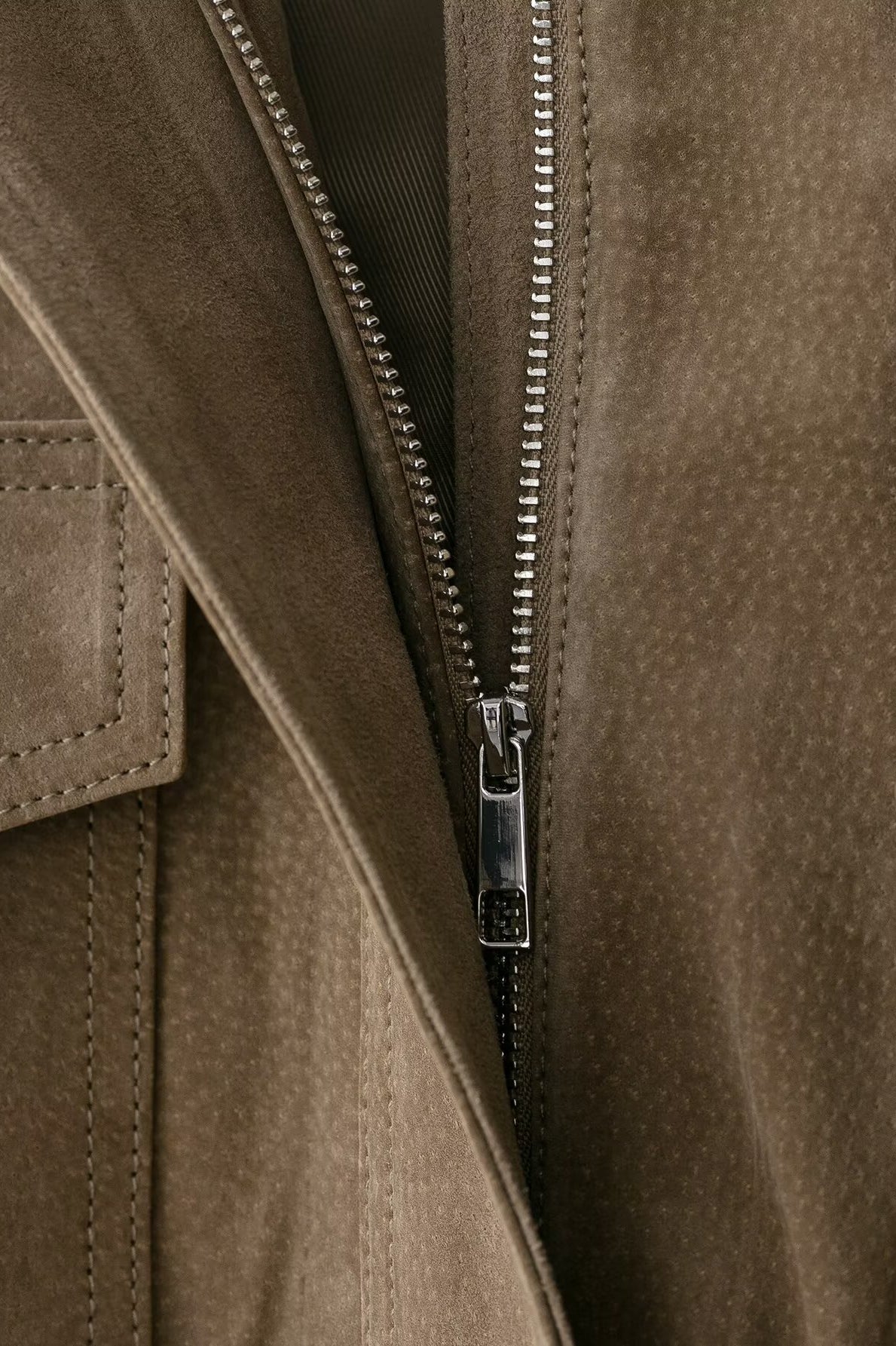 Elegant suede textured Langry fashion leather coat with brown jacket, silver zipper, pocket detail