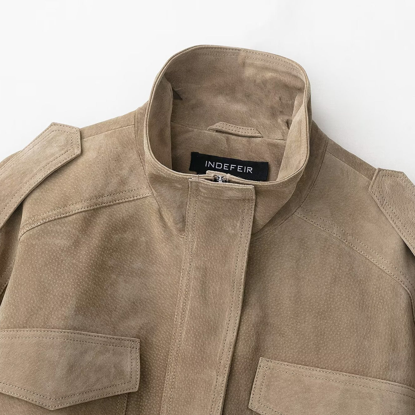 Elegant beige suede jacket with patch pockets, high collar in Langry fashion ملابس