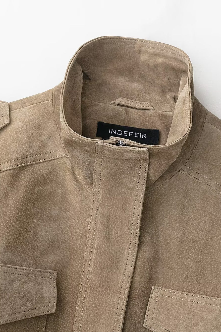 Elegant beige suede jacket with patch pockets, high collar in Langry fashion ملابس