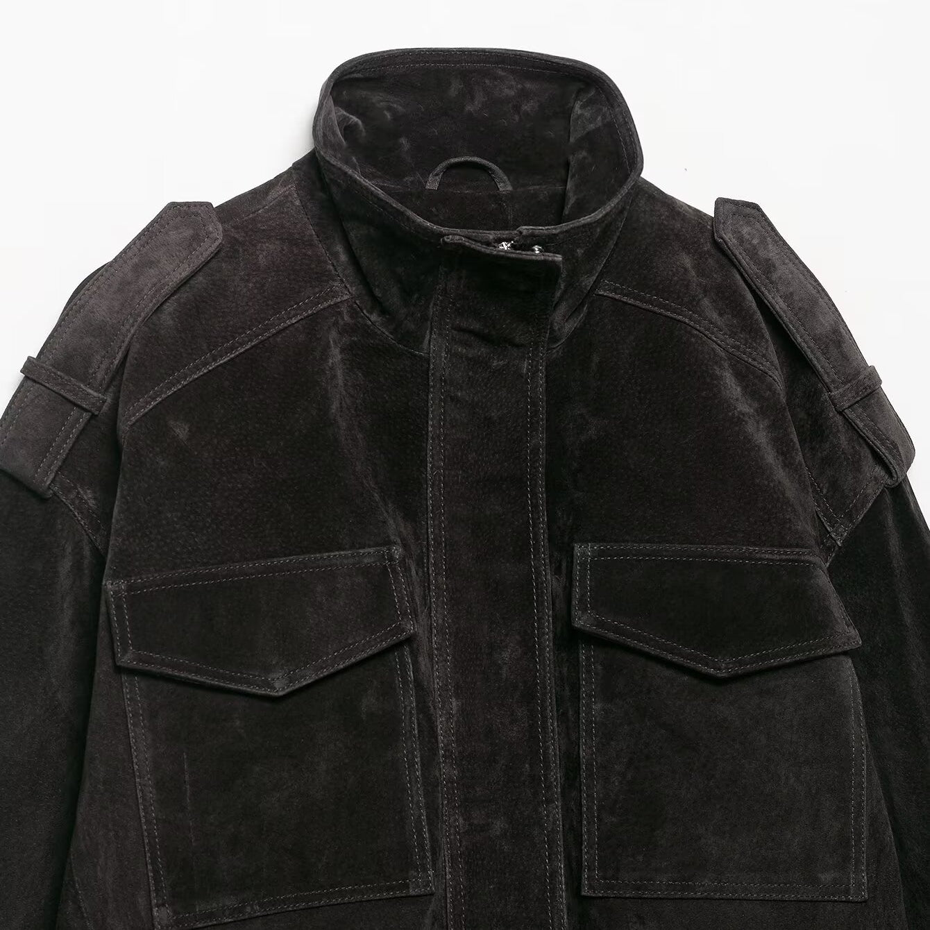 Elegant black suede Langry fashion coat with pockets and high collar