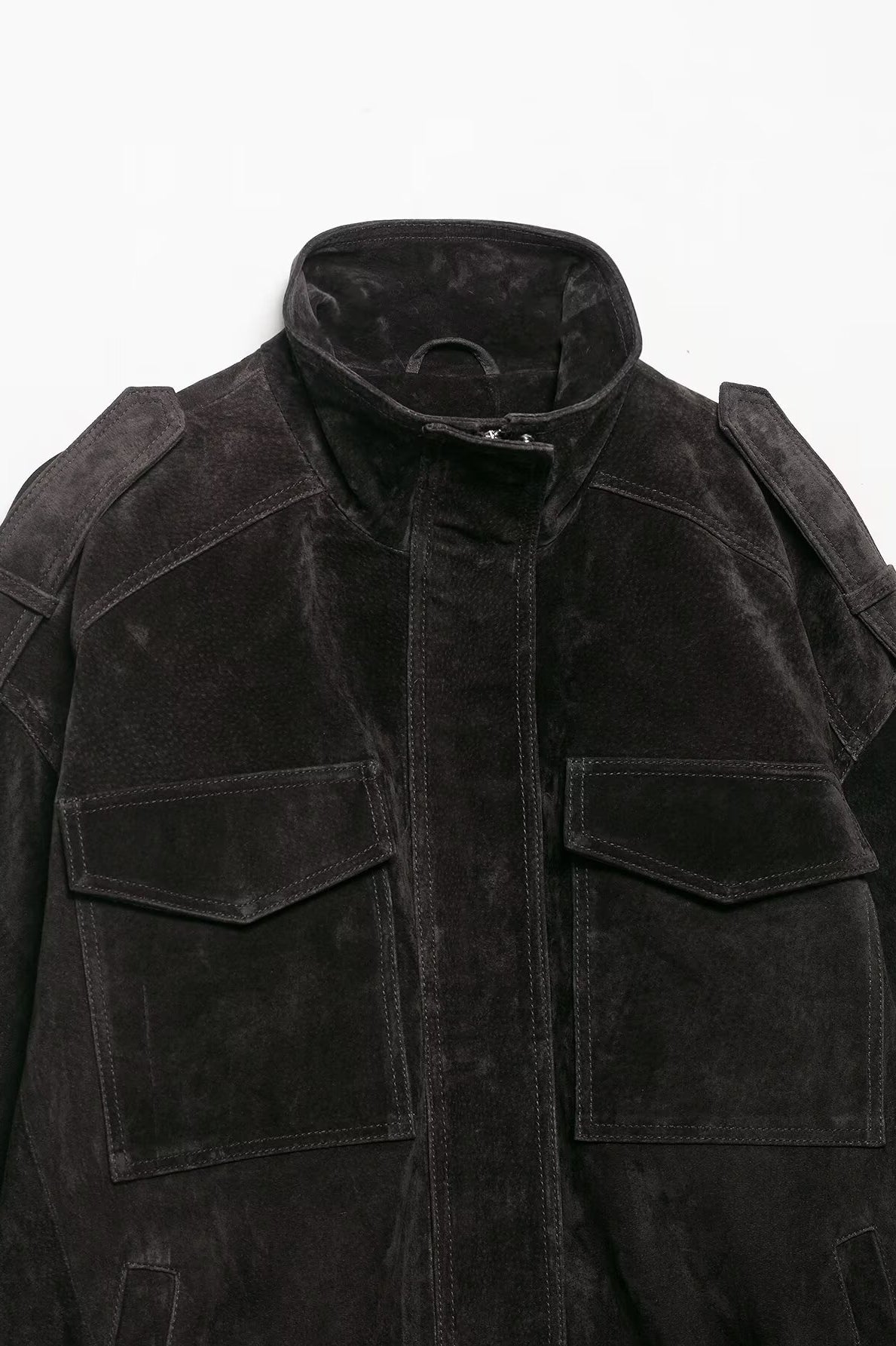 Elegant black suede Langry fashion coat with pockets and high collar