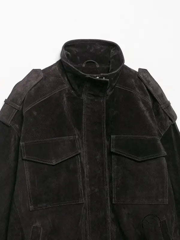 Elegant black suede leather coat with high collar and multiple pockets for langry fashion