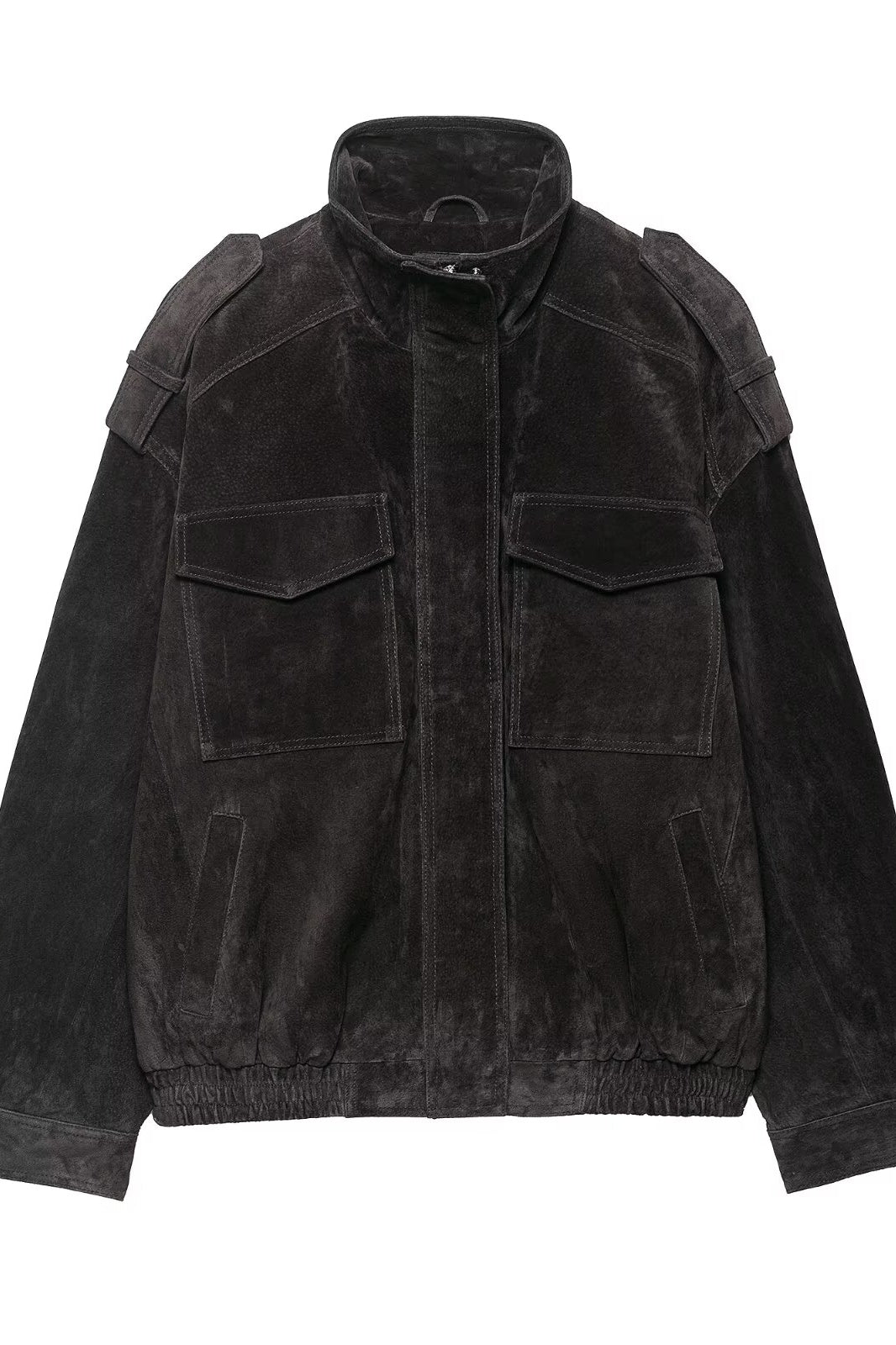 Elegant black suede jacket with patch pockets and high collar from Langry fashion