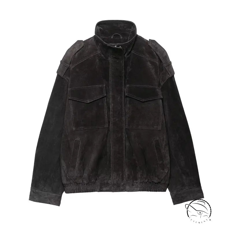 Elegant black suede jacket with patch pockets and high collar in langry fashion