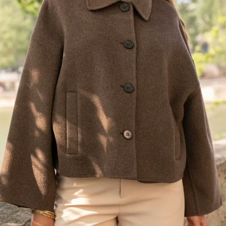 Langry fashion brown wool cape with button closure and patch pockets