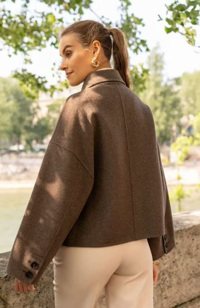 Langry fashion brown oversized leather jacket with gold buttons