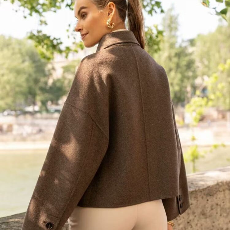 Langry fashion brown oversized leather jacket with gold buttons