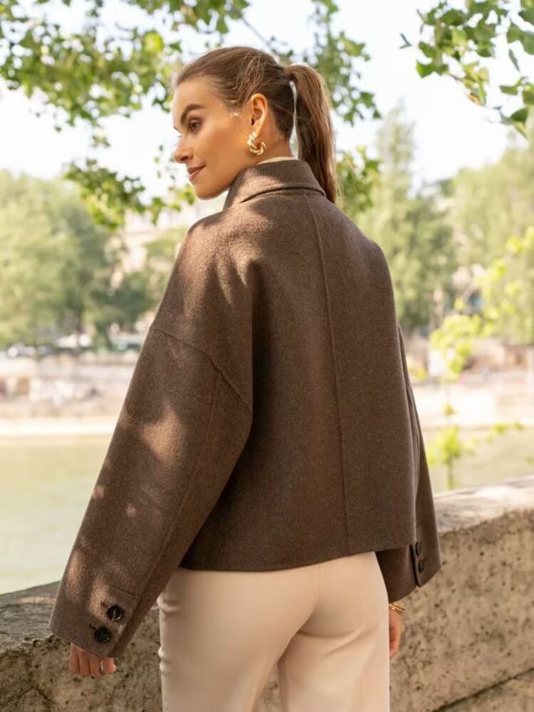 Langry fashion brown oversized leather jacket with gold buttons