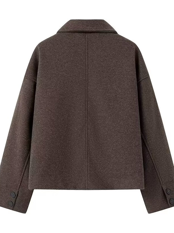 Casual Langry woolen short coat in brown with buttoned closure and patch pockets