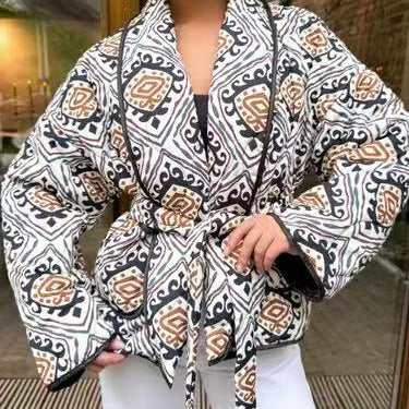 Langry fashion patterned kimono jacket in black, white, beige geometric designs