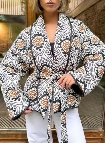 Langry fashion patterned kimono jacket in black, white, beige geometric designs