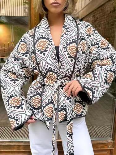 Langry fashion patterned kimono jacket in black, white, beige geometric designs