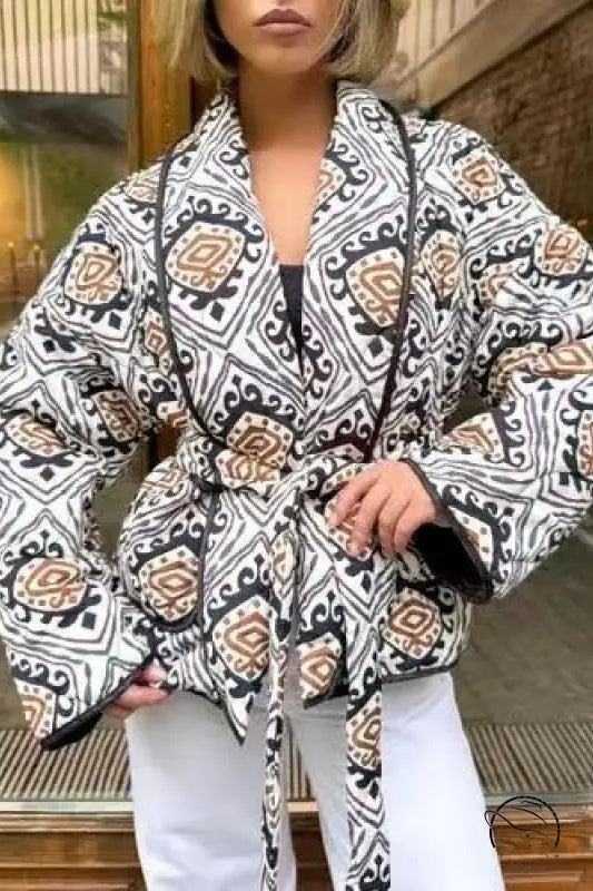 Langry fashion patterned kimono jacket in black, white, beige geometric print