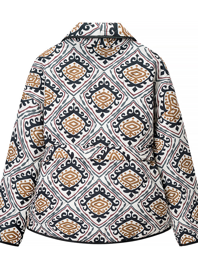 Langry fashion patterned winter coat with geometric black, white, gold designs