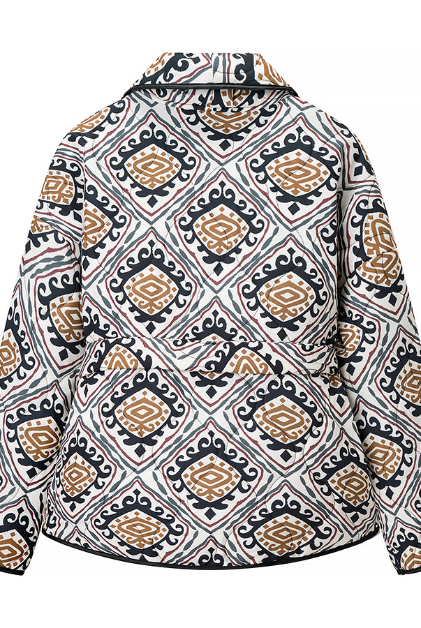 Langry fashion patterned winter coat with geometric black, white, gold designs
