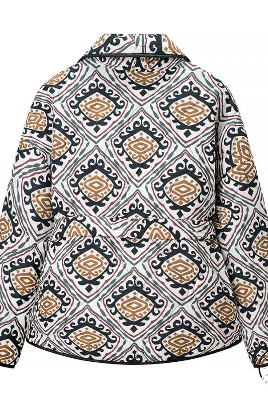 Langry fashion winter coat with geometric patterned jacket in black, white, gold