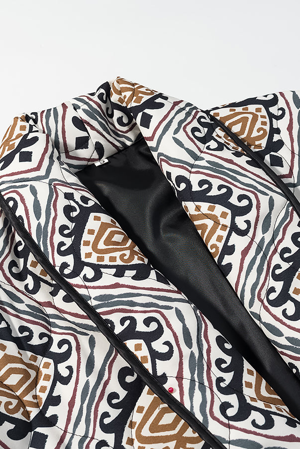 Langry fashion winter printed contrast cotton-padded coat with geometric quilted patterns in beige, brown, blue, red, white, gray, and black trim