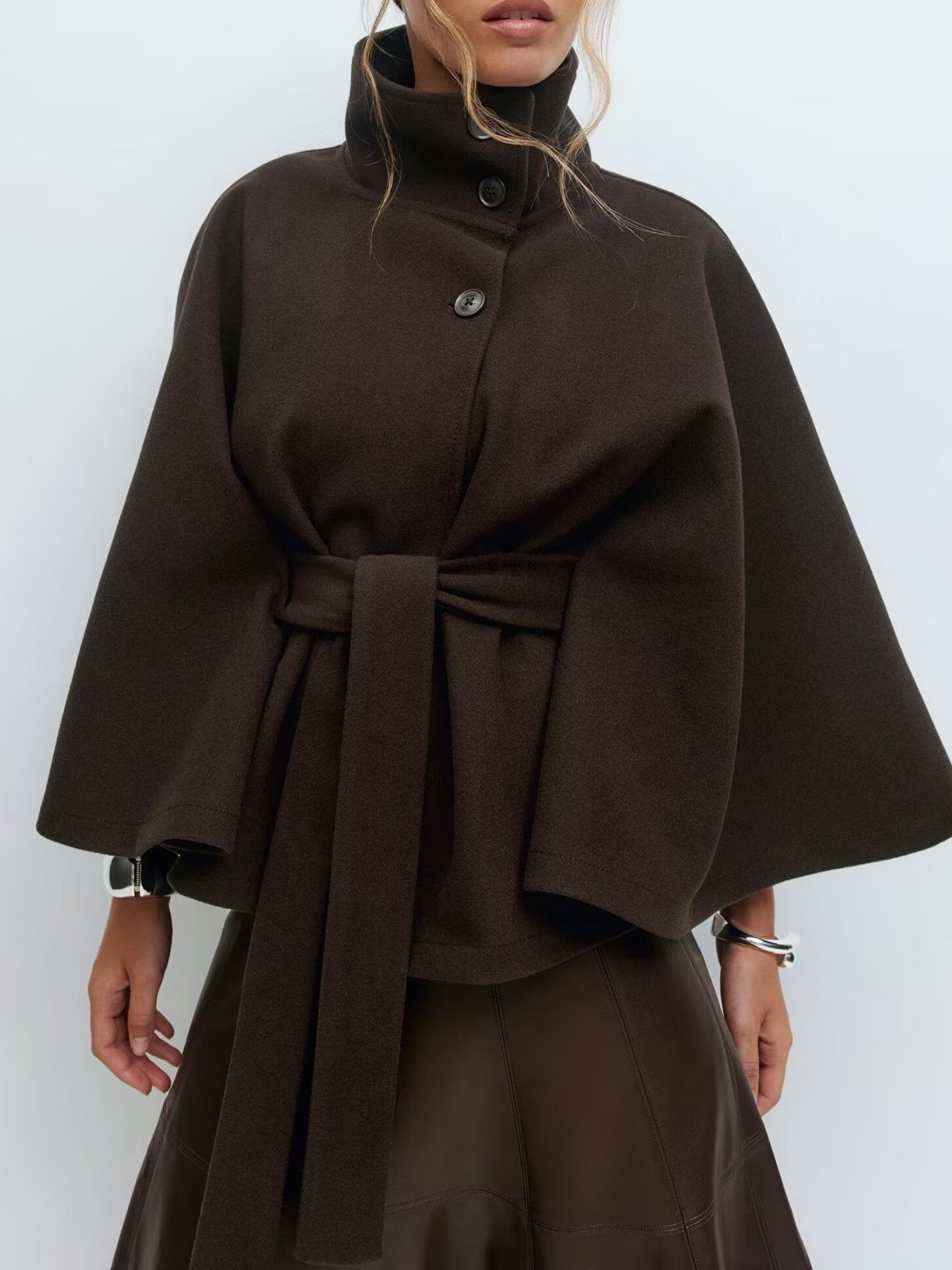 Graceful langry fashion brown wool cape coat with high collar, buttons, and wide belt