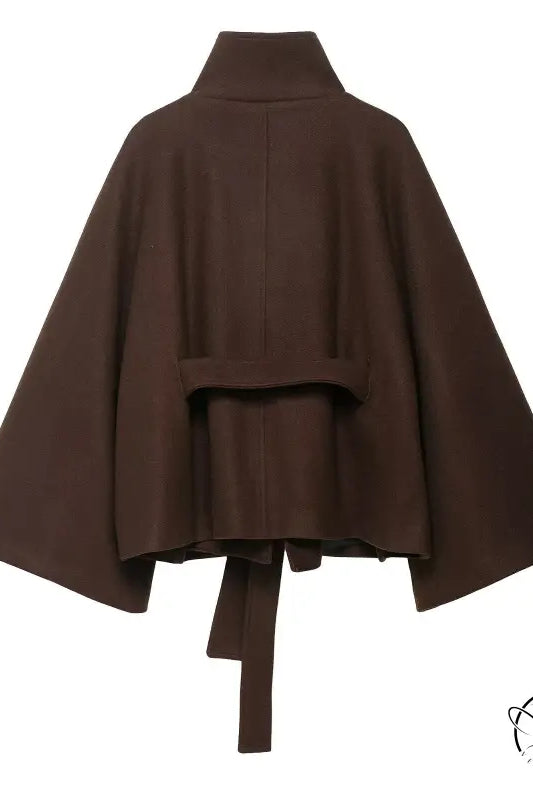 Graceful woolen cape coat in brown wool with high collar and tie belt