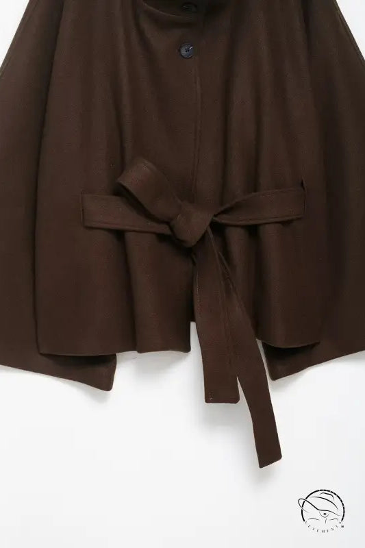 Graceful woolen cape coat with brown wrap style and waist bow