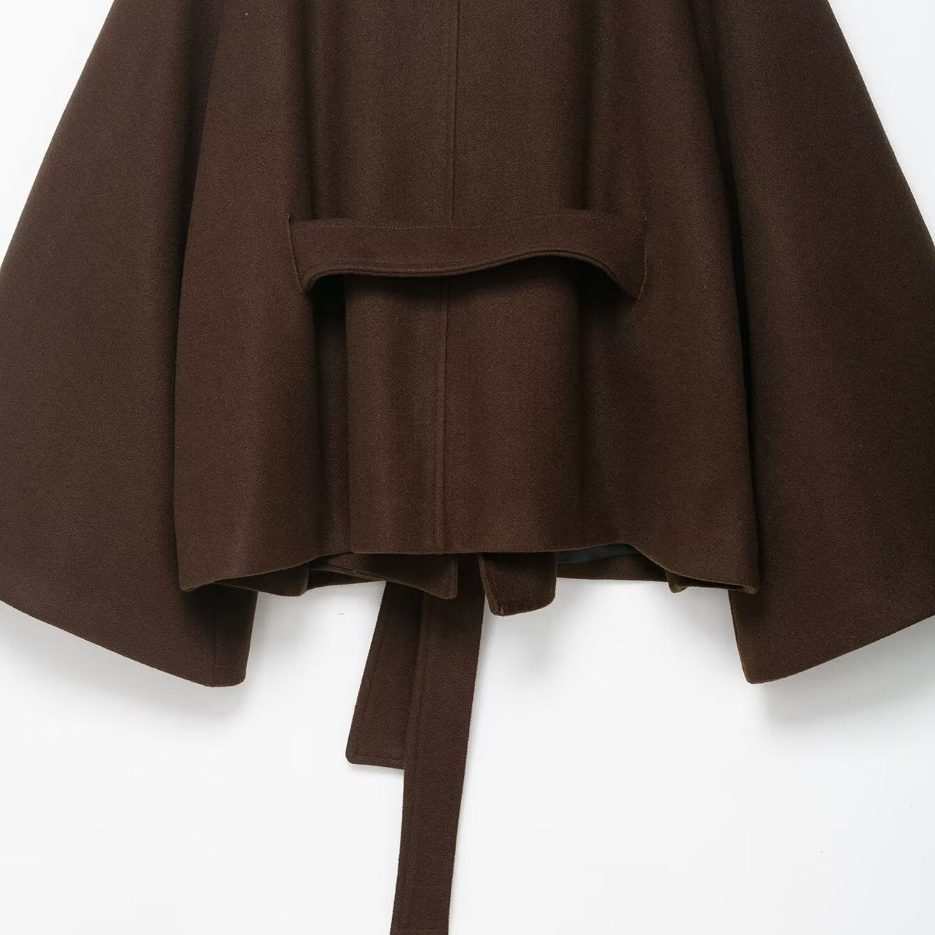 Langry fashionable brown wool cape coat with belt and asymmetrical hem