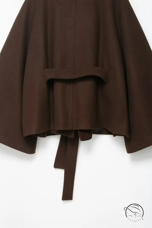 Brown woolen cape coat with belt detail and asymmetrical hem
