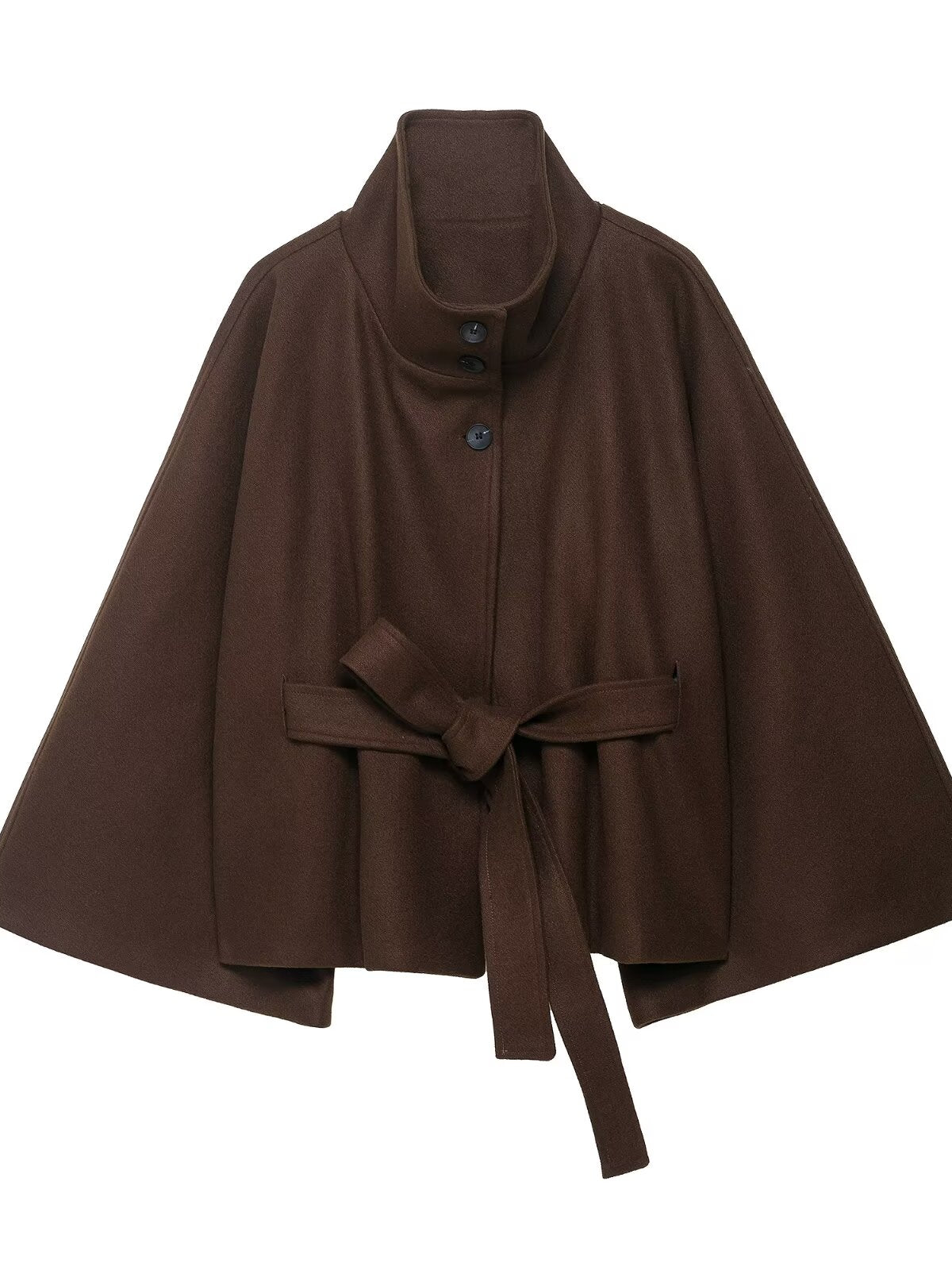 Graceful langry fashion woolen cape coat with brown high collar and tie belt