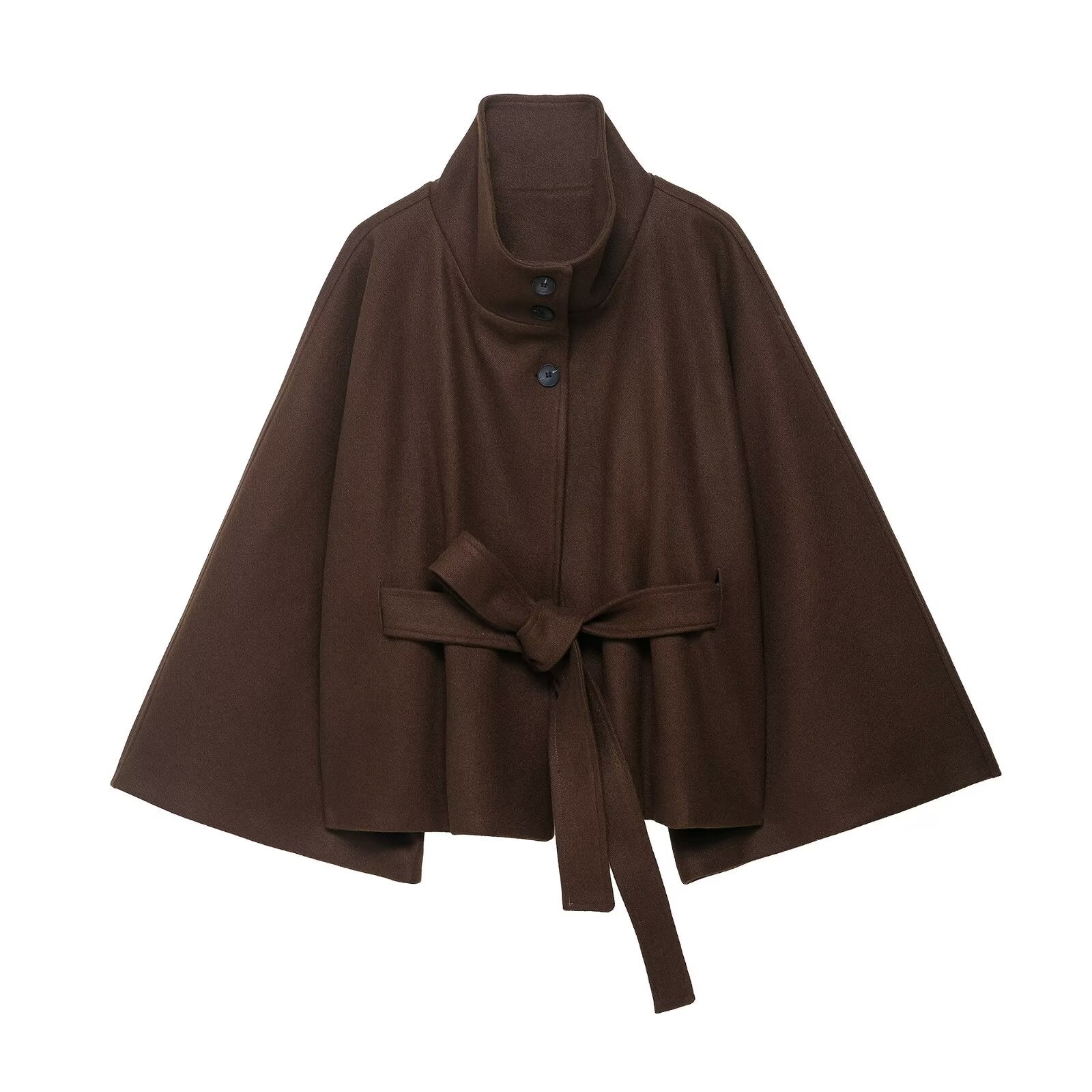 Graceful langry fashion woolen cape coat with brown high collar and tie belt