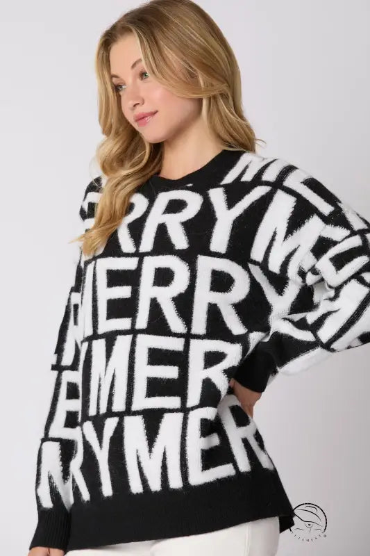 Black and white merry langry fashion sweater, fuzzy winter pullover