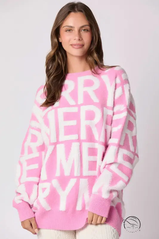 Pink langry fashion sweater with white text, loose winter pullover