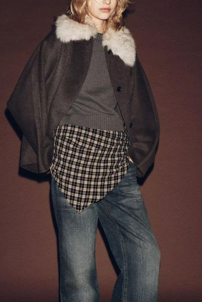 Langry fashion fur-trimmed bomber jacket with plaid shirt and jeans