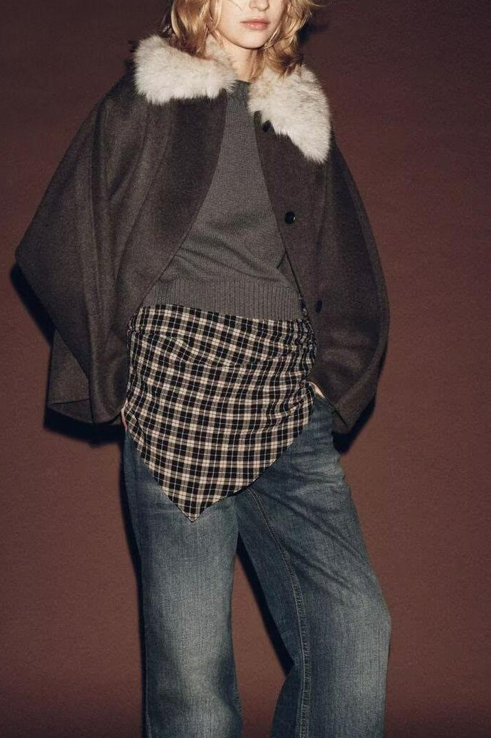 Langry fashion fur-trimmed bomber jacket with plaid shirt and jeans