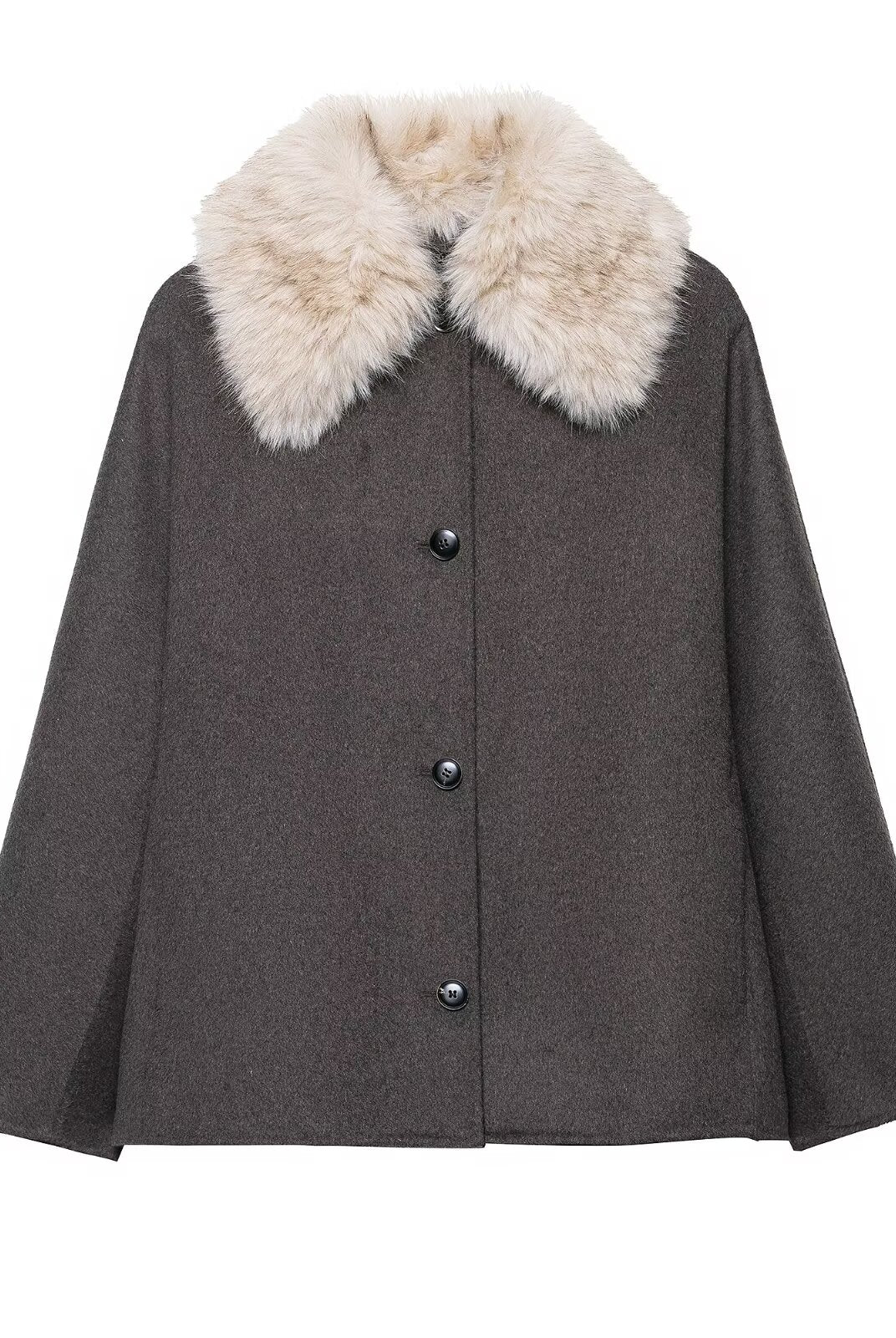 Elegant gray langry wool coat with fur effect neckline and black buttons