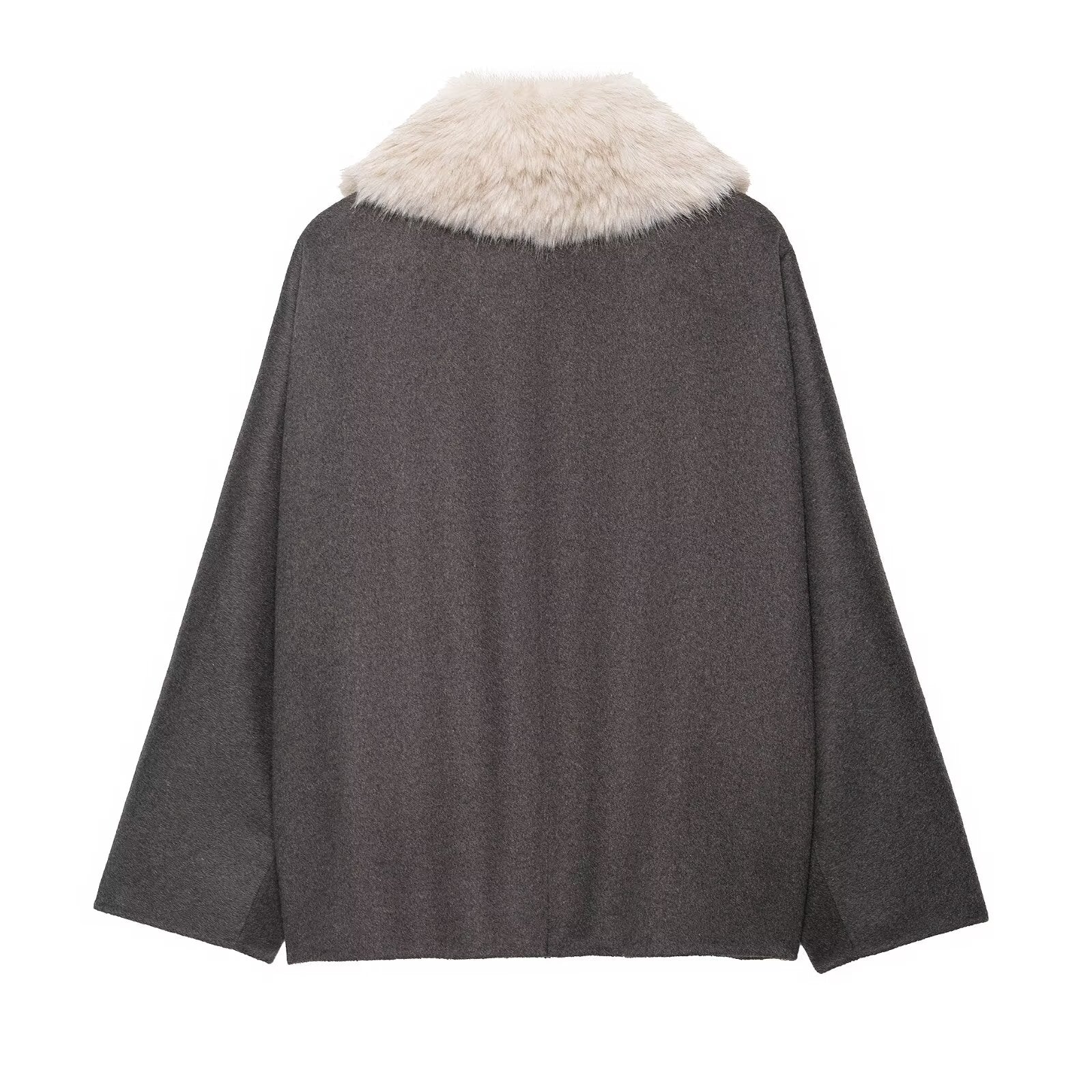 Langry fashion charcoal gray cape with white fur trim coat