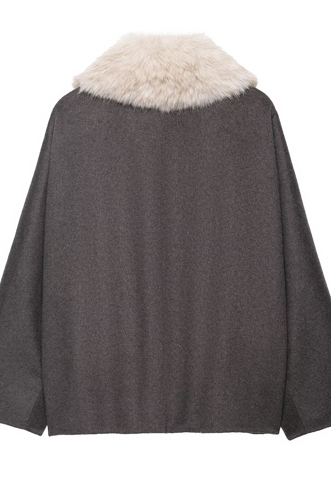 Langry fashion charcoal gray cape with white fur trim coat