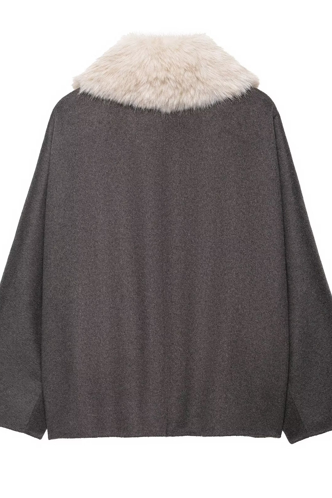 Langry fashion charcoal gray cape with white fur trim coat