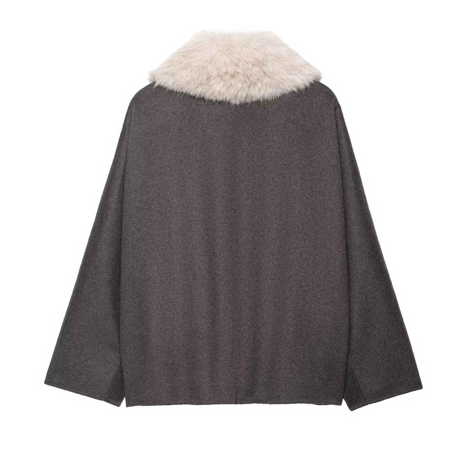 Langry fashion charcoal gray cape with white fur trim coat