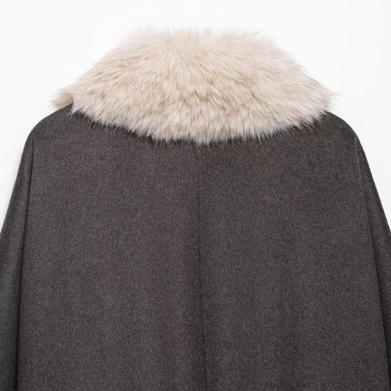 Langry fashion charcoal gray wool cape with white fur trim coat