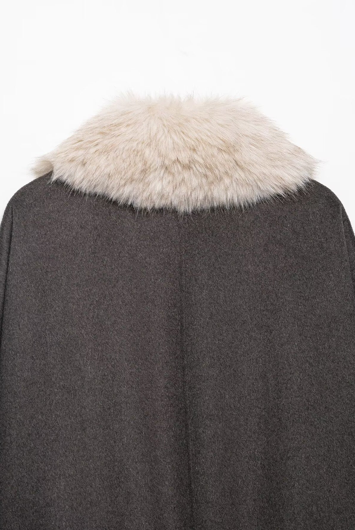 Langry fashion charcoal gray wool cape with white fur trim coat