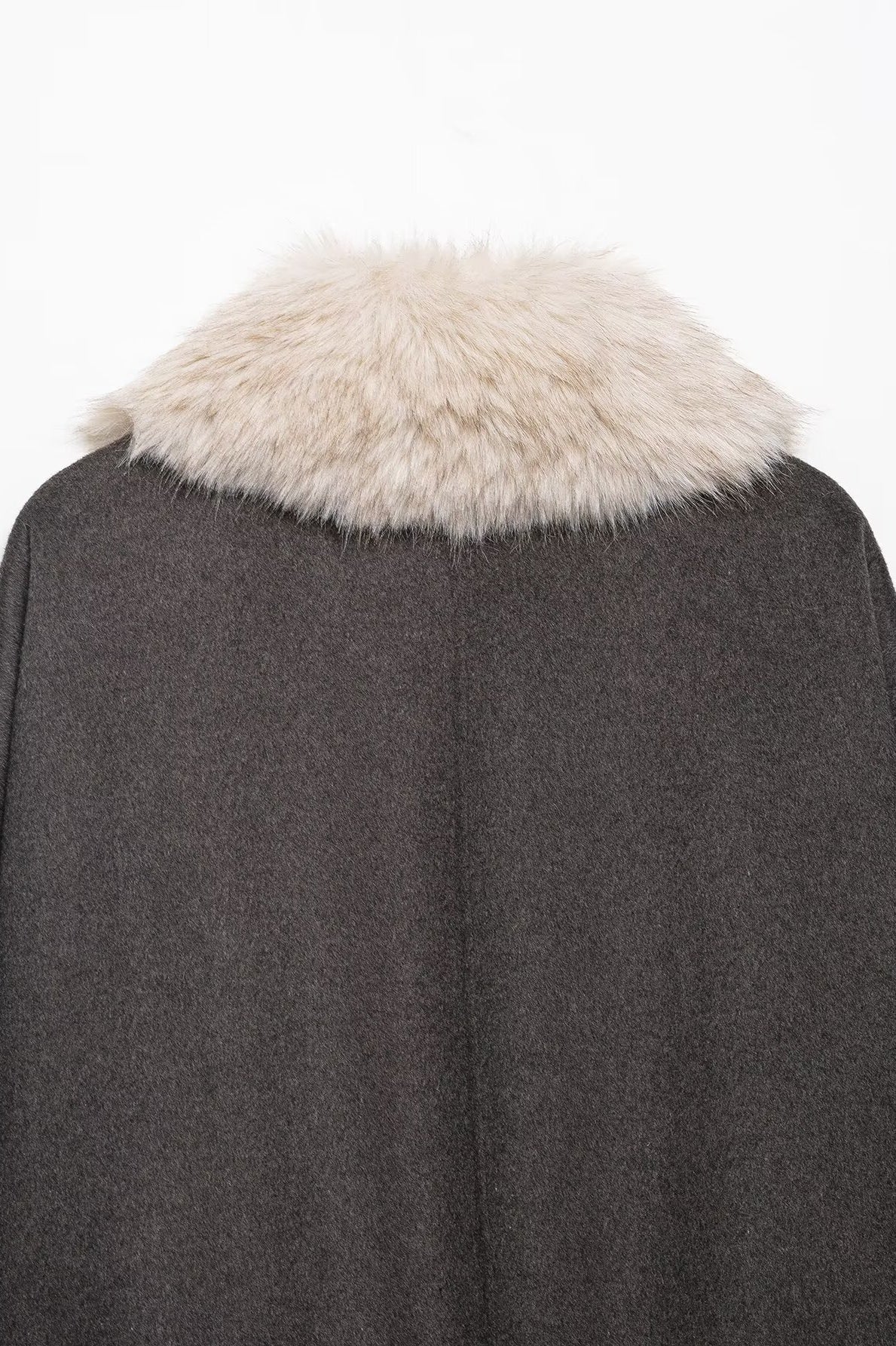 Langry fashion charcoal gray wool cape with white fur trim coat
