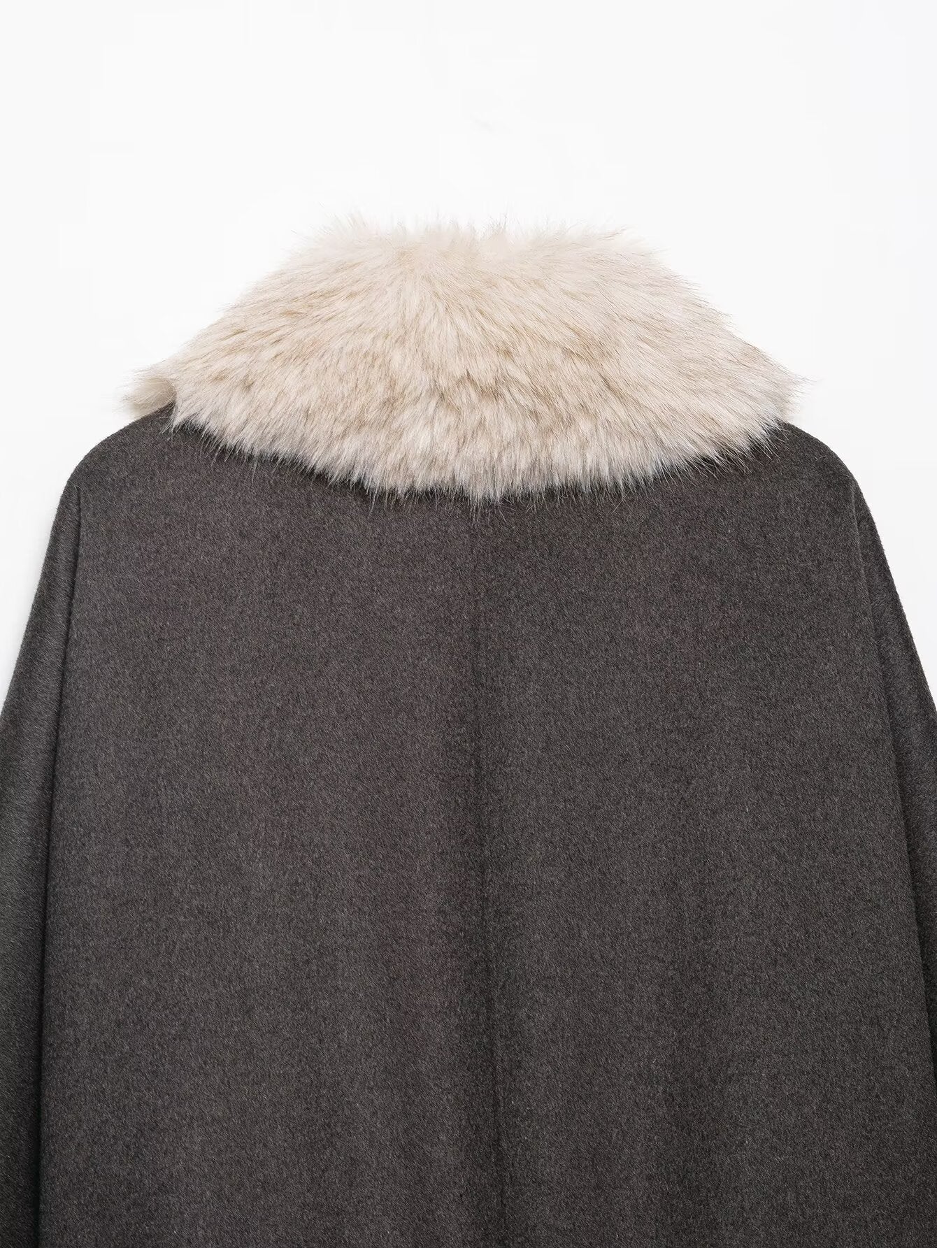 Langry fashion charcoal gray wool cape with white fur trim coat