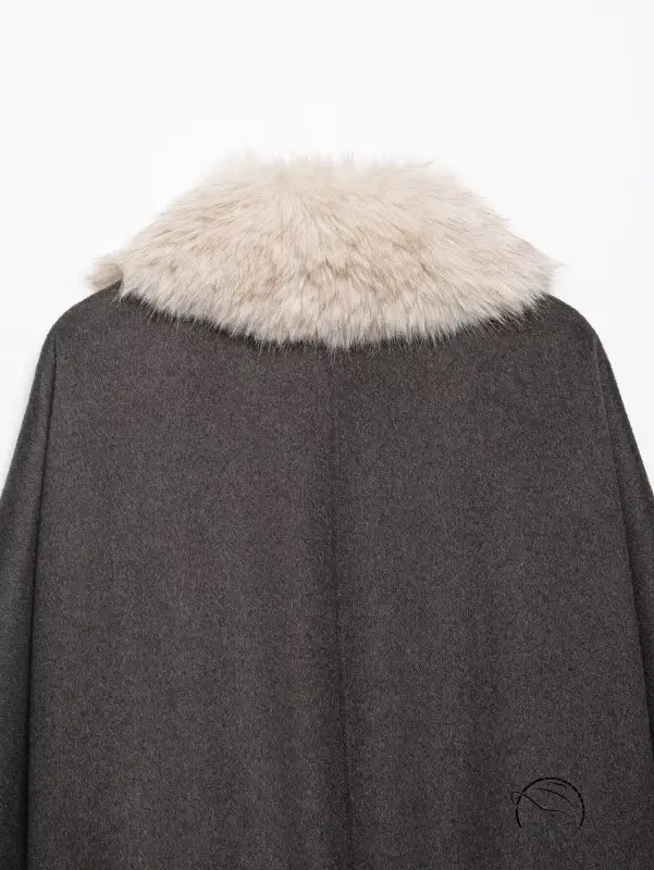Charcoal gray wool cape with fur effect neckline trim