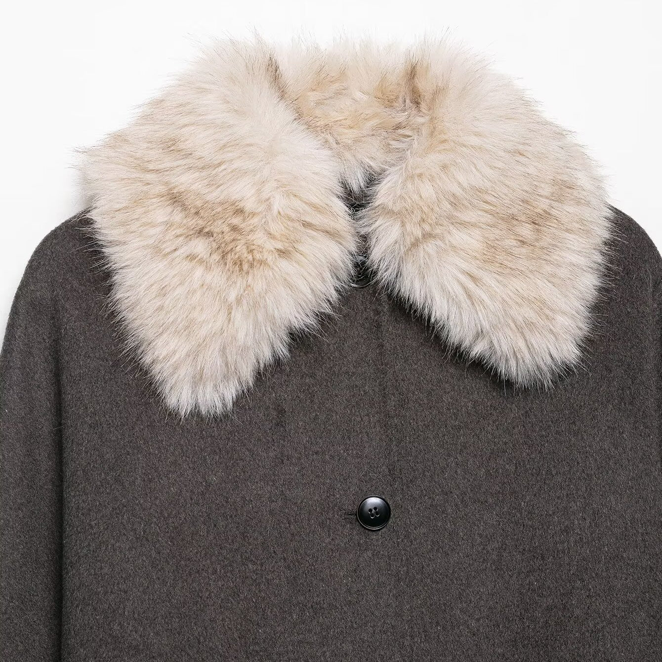 Langry fashion fur effect neckline coat with gray wool body and white fur trim