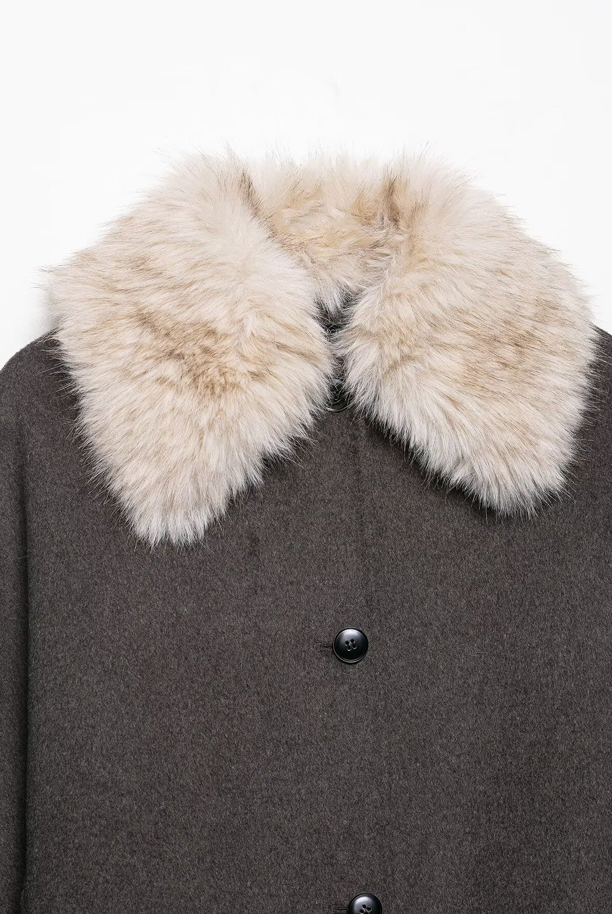 Langry fashion fur effect neckline coat with gray wool body and white fur trim