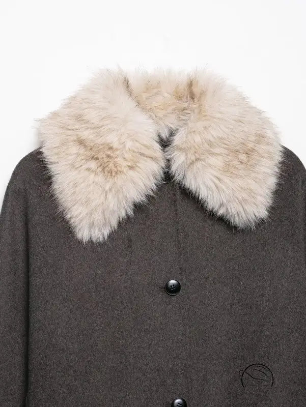 Fur effect neckline coat with gray wool body and white fur trim