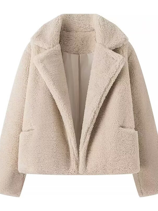Elegant Langry beige teddy bear furry coat with lapel collar and pockets