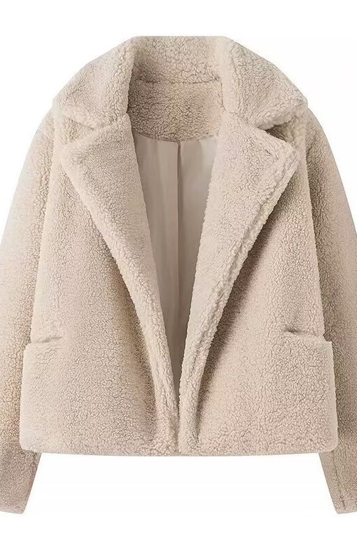 Elegant Langry beige teddy bear furry coat with lapel collar and pockets